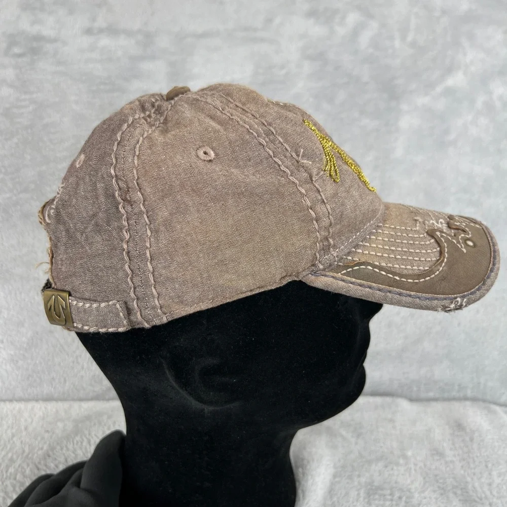 True Religion Brown Canvas Distressed Buddha Horseshoe Strapback Hat Cap Patch